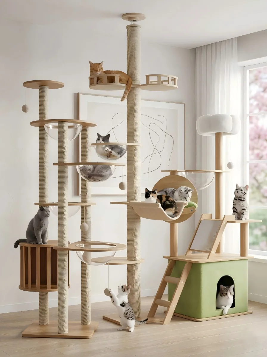 Mekidulu heavy-duty wood cat tree with multiple cats resting on sisal-wrapped platforms