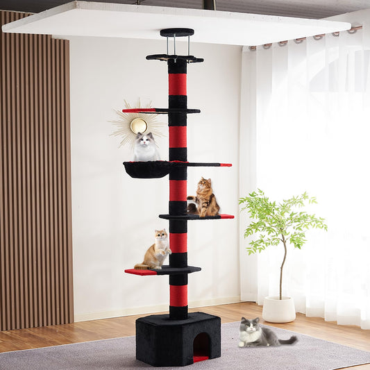 Mekidulu 94.56--110.32in Adjustable Floor to Ceiling cat Tree Scratching Post, Wrapped with Black Velvet and Red Sisal Rope