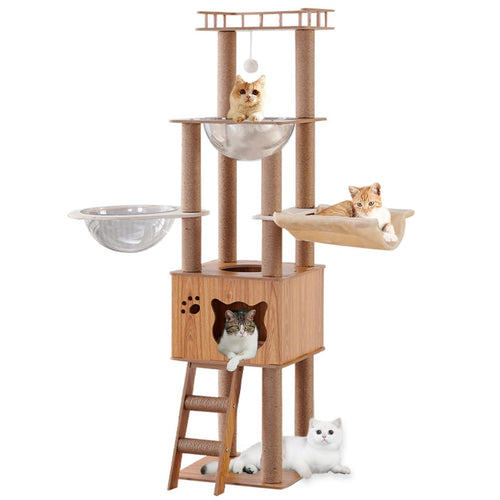 Mekidulu 6-Level 61" Wooden Cat Tree with Bed,Hammock, Scratching, Dangling Ball & Bowl, Brown