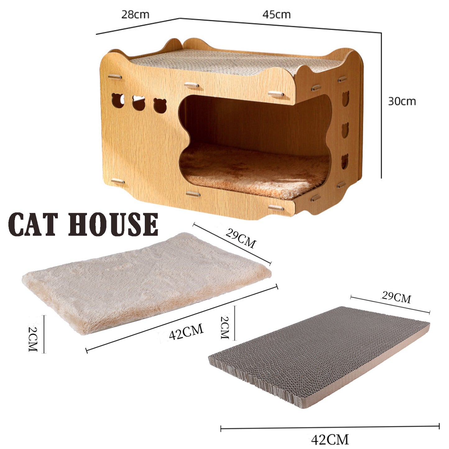 Indoor cat wooden scratching post with corrugated cardboard and fur pad