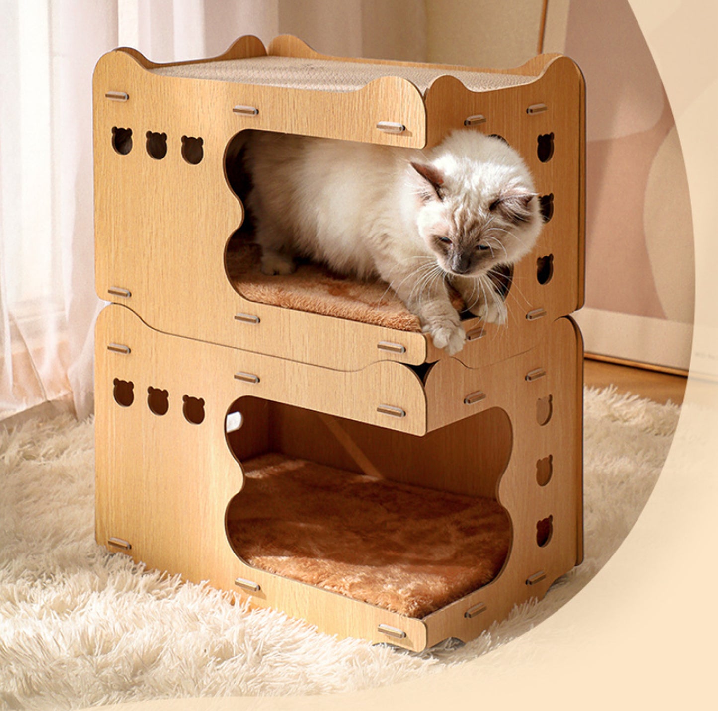 Indoor cat wooden scratching post with corrugated cardboard and fur pad