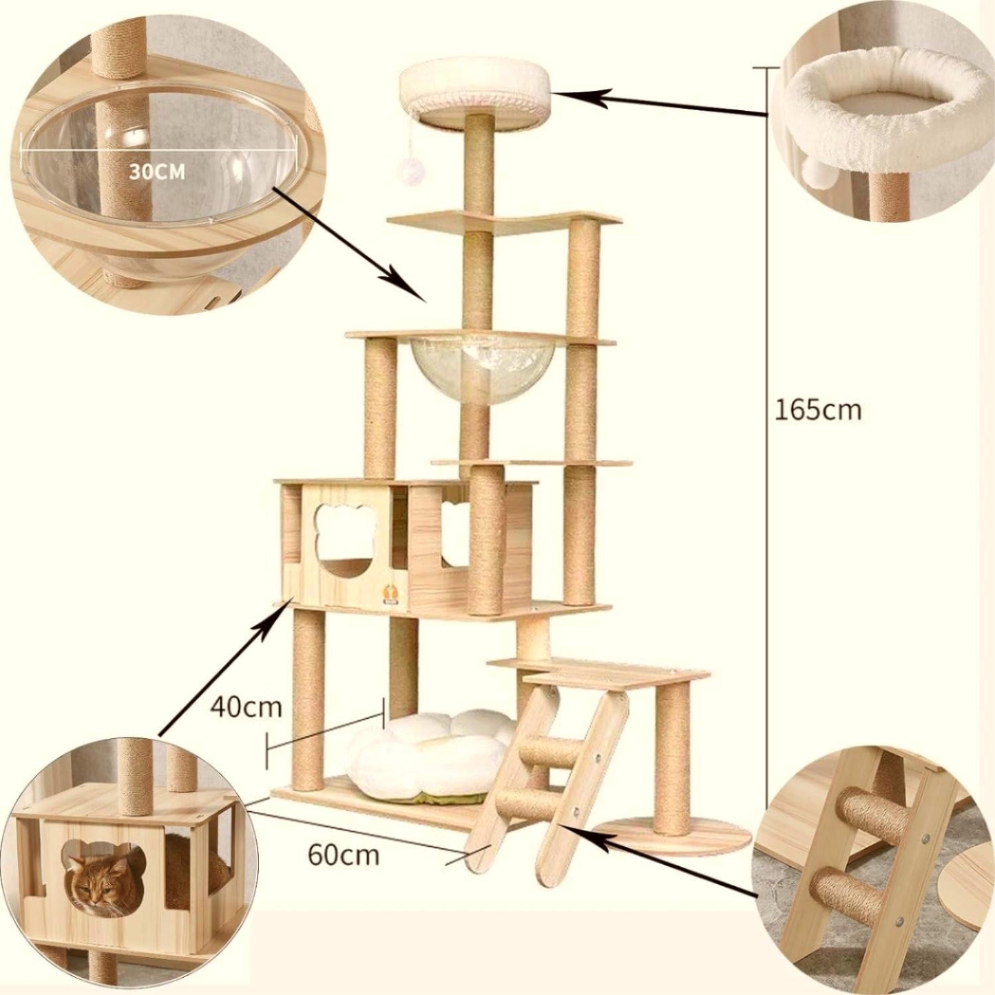 Cat tree for large cats 165cm 8 Story Cat tower（Wood color）