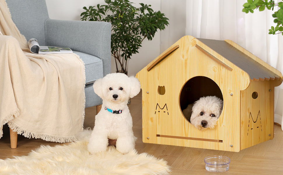 Mekidulu wooden dog and cat house with doors and windows