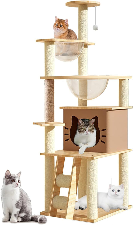 Mekidulu Cat Tree,145cm Cat Tree For Indoor Cats - Multi-Level Cat Condo with 2 Bowls,1 Cat Tree House,2 Perches,1 Cat Ladder,1 Pompoms,Bearing weight 15kg,Wooden Cat Tree（Beige N3）