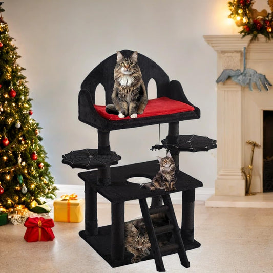 Gothic Cat Tree with Coffin Bed, 55.1" Tall Halloween Cat Tower for Indoor Cats with Top Perch,Cozy Cat Caves, Spider Hanging Balls,Scratching Post and Ladder, Black Halloween