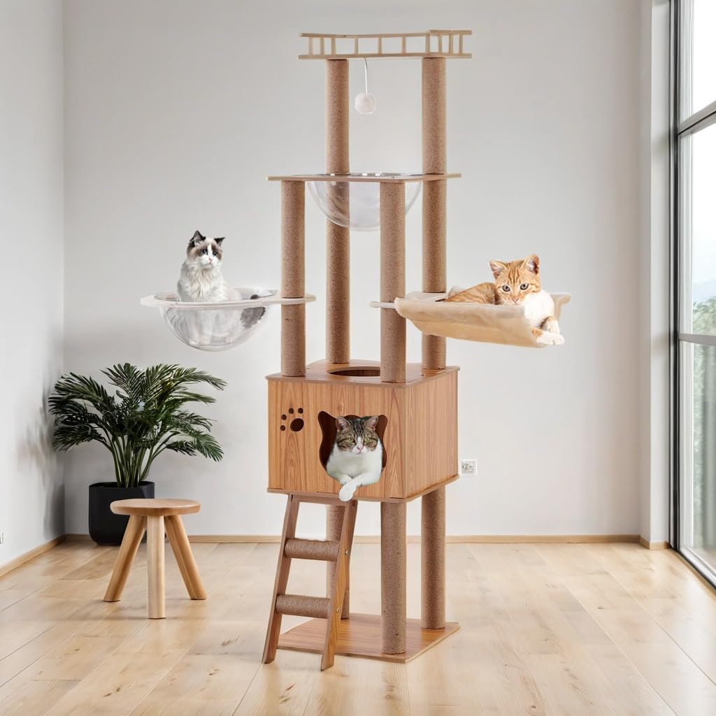 Mekidulu Cat tree - 155CM Cat tower- Cat tree for indoor cats - With 1 Cat hammock,1 Cat house,2 Transparent space capsule,1 Cat ladder,1 Dangling Ball,1 Jumping platform Wooden cat tree(Log color)