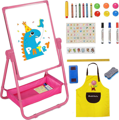 Kids Easel, Double Sided Kids Art Easel, 24.82~42.16In Height Adjustable,Standing Toddler Easel with Apron, Alphabet Cartoon, Pen,Toy for Age 2-4 Boys Girls Birthday Gifts (Pink)