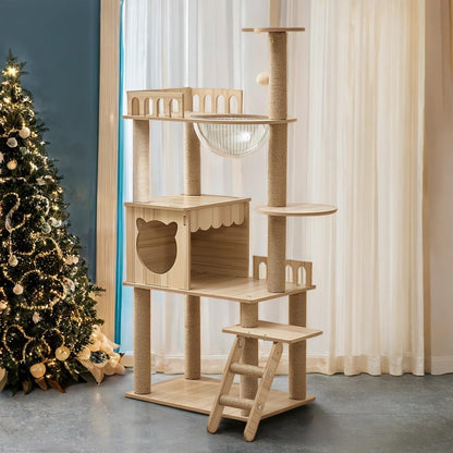 54-Inch Cat Tower,Multi-Level Pure Wood-Modern Cat Tree Tower with Condo, Cat Stairs, Bowl,9 Sisal Scratching Posts, Top Perch, Toy Balls,Cat Tree for Indoor Cats Large Adult（KT-022）