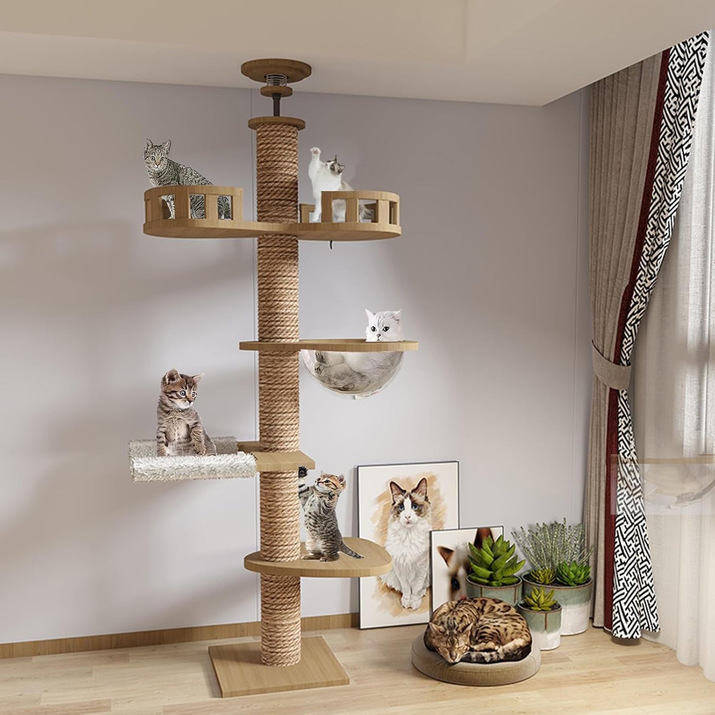 Floor to Ceiling cat Tree - Adjustable Height (95-98in,104.3-108.2in)- Tall cat Tree with Width 4.33 in Scratching Post,Cat Hammock,Fully Wrapped with sisal Rope - Heavy Duty cat Tree.(Holds 110 lbs)