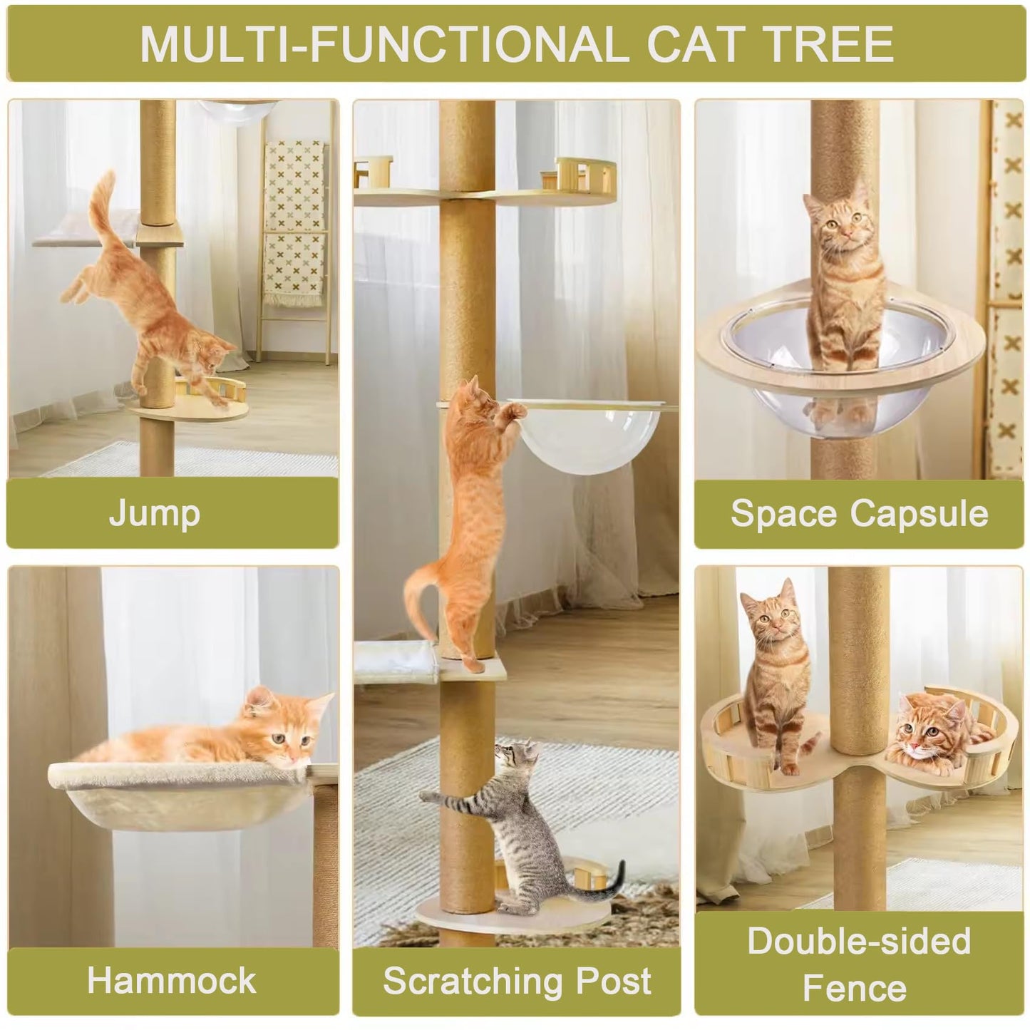 Floor to Ceiling cat Tree - Adjustable Height (95-98in,104.3-108.2in)- Tall cat Tree with Width 4.33 in Scratching Post,Cat Hammock,Fully Wrapped with sisal Rope - Heavy Duty cat Tree.(Holds 110 lbs)