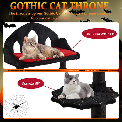 Gothic Cat Tree with Coffin Bed, 55.1" Tall Halloween Cat Tower for Indoor Cats with Top Perch,Cozy Cat Caves, Spider Hanging Balls,Scratching Post and Ladder, Black Halloween