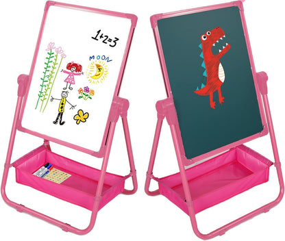 Kids Easel, Double Sided Kids Art Easel, 24.82~42.16In Height Adjustable,Standing Toddler Easel with Apron, Alphabet Cartoon, Pen,Toy for Age 2-4 Boys Girls Birthday Gifts (Pink)