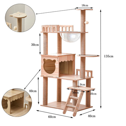 54-Inch Cat Tower,Multi-Level Pure Wood-Modern Cat Tree Tower with Condo, Cat Stairs, Bowl,9 Sisal Scratching Posts, Top Perch, Toy Balls,Cat Tree for Indoor Cats Large Adult（KT-022）