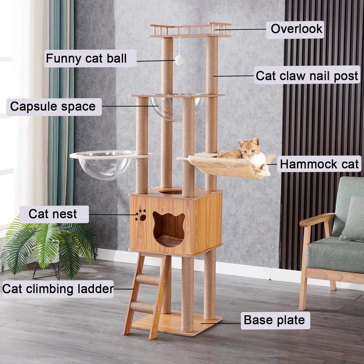 Mekidulu Cat tree - 155CM Cat tower- Cat tree for indoor cats - With 1 Cat hammock,1 Cat house,2 Transparent space capsule,1 Cat ladder,1 Dangling Ball,1 Jumping platform Wooden cat tree(Log color)