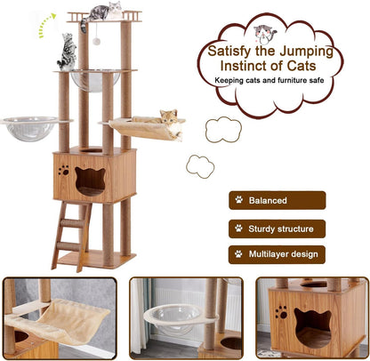 Mekidulu Cat tree - 155CM Cat tower- Cat tree for indoor cats - With 1 Cat hammock,1 Cat house,2 Transparent space capsule,1 Cat ladder,1 Dangling Ball,1 Jumping platform Wooden cat tree(Log color)