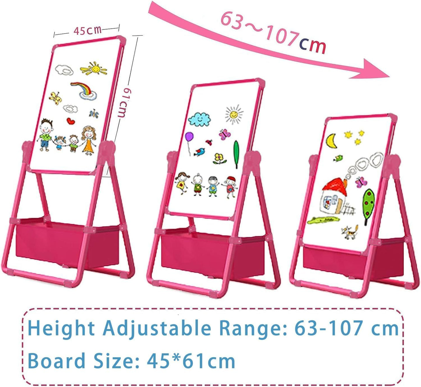 Kids Easel, Double Sided Kids Art Easel, 24.82~42.16In Height Adjustable,Standing Toddler Easel with Apron, Alphabet Cartoon, Pen,Toy for Age 2-4 Boys Girls Birthday Gifts (Pink)