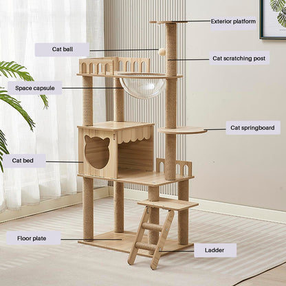 54-Inch Cat Tower,Multi-Level Pure Wood-Modern Cat Tree Tower with Condo, Cat Stairs, Bowl,9 Sisal Scratching Posts, Top Perch, Toy Balls,Cat Tree for Indoor Cats Large Adult（KT-022）