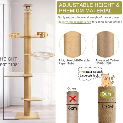 Floor to Ceiling cat Tree - Adjustable Height (95-98in,104.3-108.2in)- Tall cat Tree with Width 4.33 in Scratching Post,Cat Hammock,Fully Wrapped with sisal Rope - Heavy Duty cat Tree.(Holds 110 lbs)