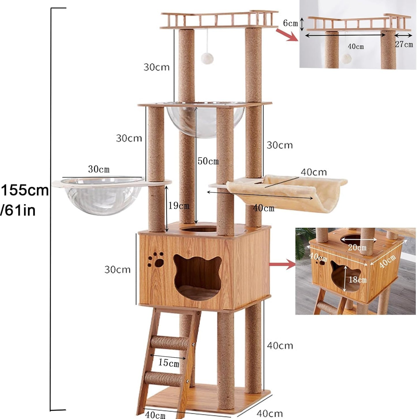 Mekidulu Cat tree - 155CM Cat tower- Cat tree for indoor cats - With 1 Cat hammock,1 Cat house,2 Transparent space capsule,1 Cat ladder,1 Dangling Ball,1 Jumping platform Wooden cat tree(Log color)