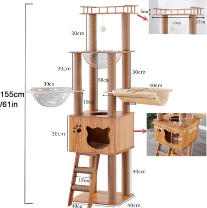 Mekidulu Cat tree - 155CM Cat tower- Cat tree for indoor cats - With 1 Cat hammock,1 Cat house,2 Transparent space capsule,1 Cat ladder,1 Dangling Ball,1 Jumping platform Wooden cat tree(Log color)