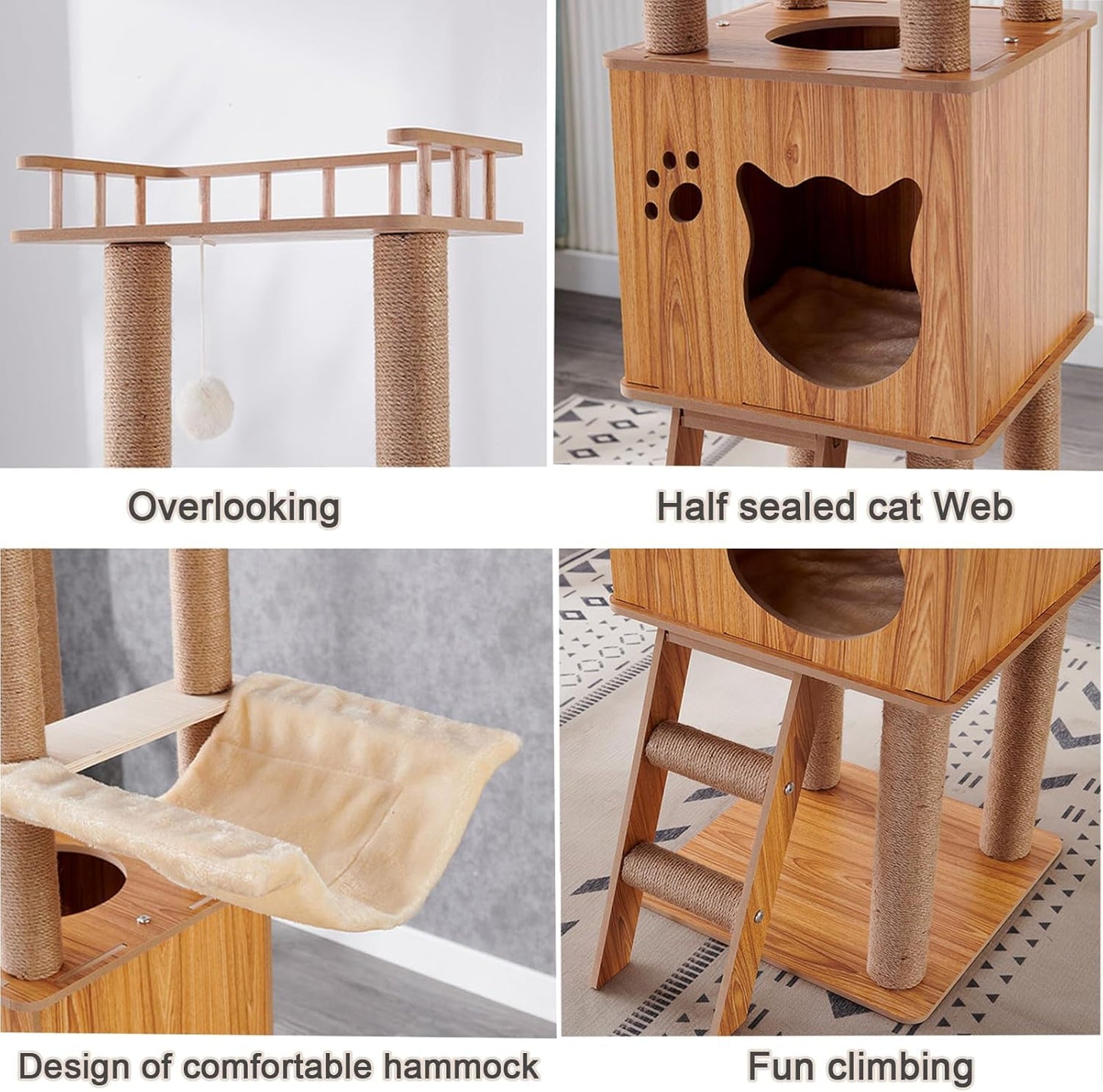 Mekidulu Cat tree - 155CM Cat tower- Cat tree for indoor cats - With 1 Cat hammock,1 Cat house,2 Transparent space capsule,1 Cat ladder,1 Dangling Ball,1 Jumping platform Wooden cat tree(Log color)