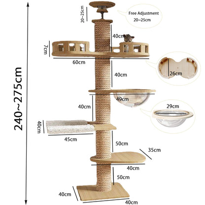 Floor to Ceiling cat Tree - Adjustable Height (95-98in,104.3-108.2in)- Tall cat Tree with Width 4.33 in Scratching Post,Cat Hammock,Fully Wrapped with sisal Rope - Heavy Duty cat Tree.(Holds 110 lbs)