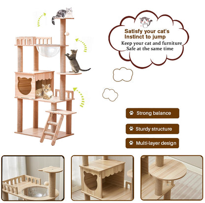 54-Inch Cat Tower,Multi-Level Pure Wood-Modern Cat Tree Tower with Condo, Cat Stairs, Bowl,9 Sisal Scratching Posts, Top Perch, Toy Balls,Cat Tree for Indoor Cats Large Adult（KT-022）