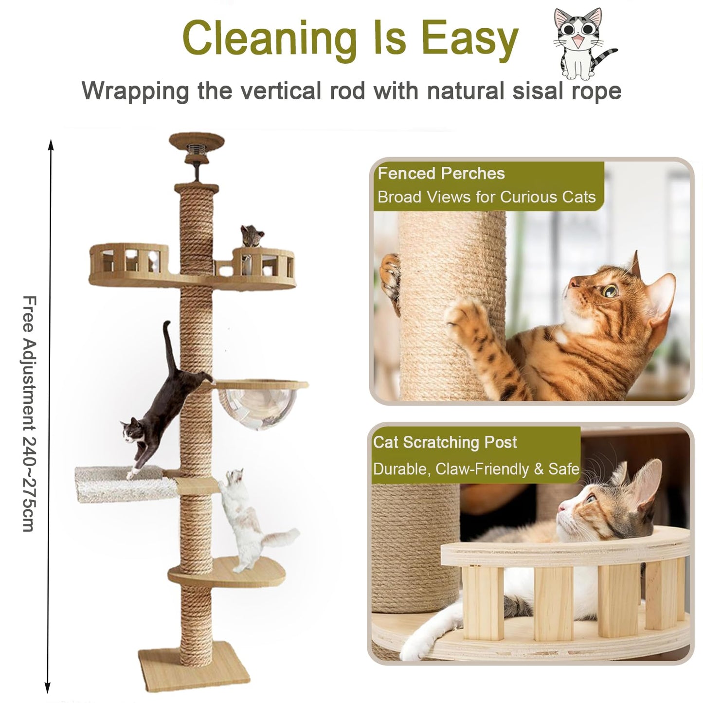 Floor to Ceiling cat Tree - Adjustable Height (95-98in,104.3-108.2in)- Tall cat Tree with Width 4.33 in Scratching Post,Cat Hammock,Fully Wrapped with sisal Rope - Heavy Duty cat Tree.(Holds 110 lbs)