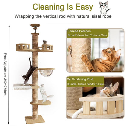 Floor to Ceiling cat Tree - Adjustable Height (95-98in,104.3-108.2in)- Tall cat Tree with Width 4.33 in Scratching Post,Cat Hammock,Fully Wrapped with sisal Rope - Heavy Duty cat Tree.(Holds 110 lbs)