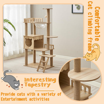 54-Inch Cat Tower,Multi-Level Pure Wood-Modern Cat Tree Tower with Condo, Cat Stairs, Bowl,9 Sisal Scratching Posts, Top Perch, Toy Balls,Cat Tree for Indoor Cats Large Adult（KT-022）