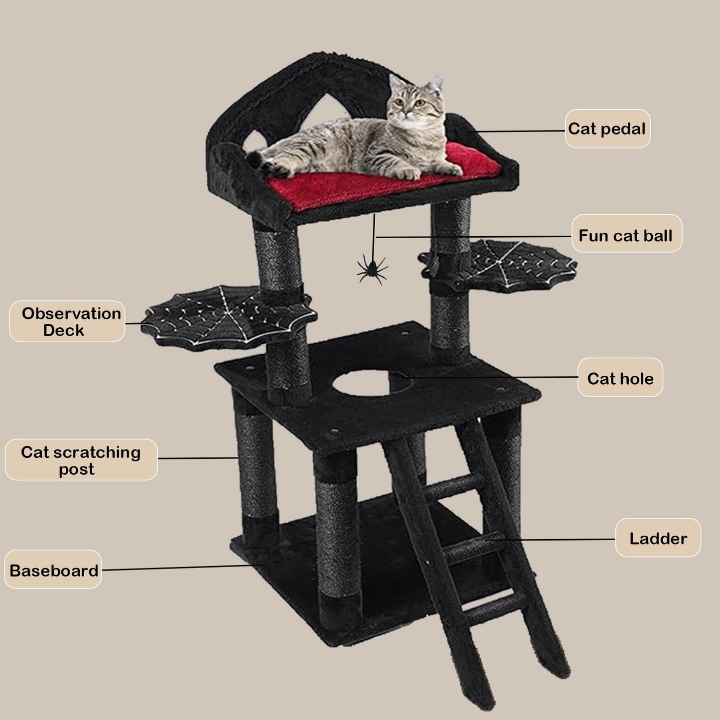 Gothic Cat Tree with Coffin Bed, 55.1" Tall Halloween Cat Tower for Indoor Cats with Top Perch,Cozy Cat Caves, Spider Hanging Balls,Scratching Post and Ladder, Black Halloween