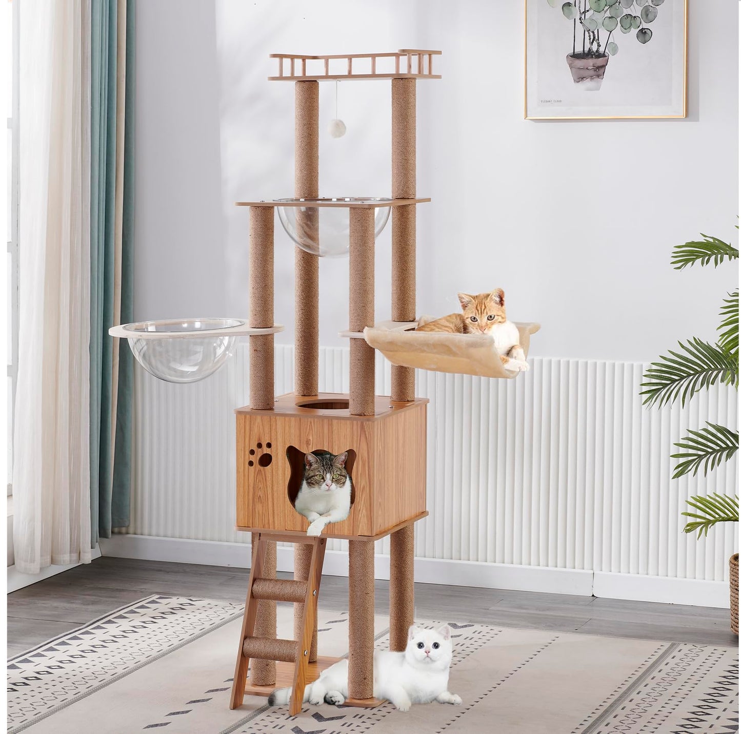 Mekidulu Cat tree - 155CM Cat tower- Cat tree for indoor cats - With 1 Cat hammock,1 Cat house,2 Transparent space capsule,1 Cat ladder,1 Dangling Ball,1 Jumping platform Wooden cat tree(Log color)